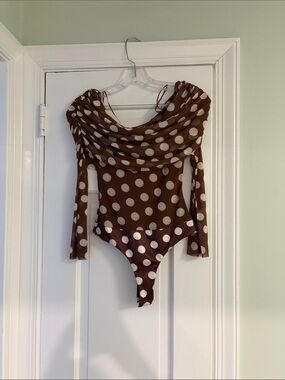 AFRM Brown and Cream Polka Dot Long-Sleeve One-Piece Bodysuit